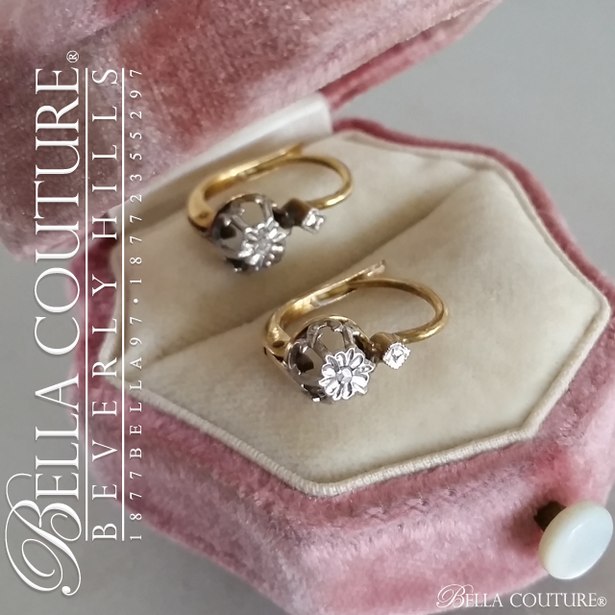 SOLD! - (ANTIQUE) Rare Victorian French Rose Cut Diamond 18K 18CT Yellow & White Gold Floral Flower Drop Earrings c. 1838