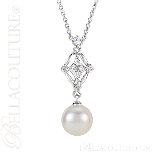 (NEW) BELLA COUTURE LORRIA Gorgeous Fine 1/6 CT Diamond Freshwater Cultured Pearl 14K White Gold Filigree Dangle Drop Post Earrings