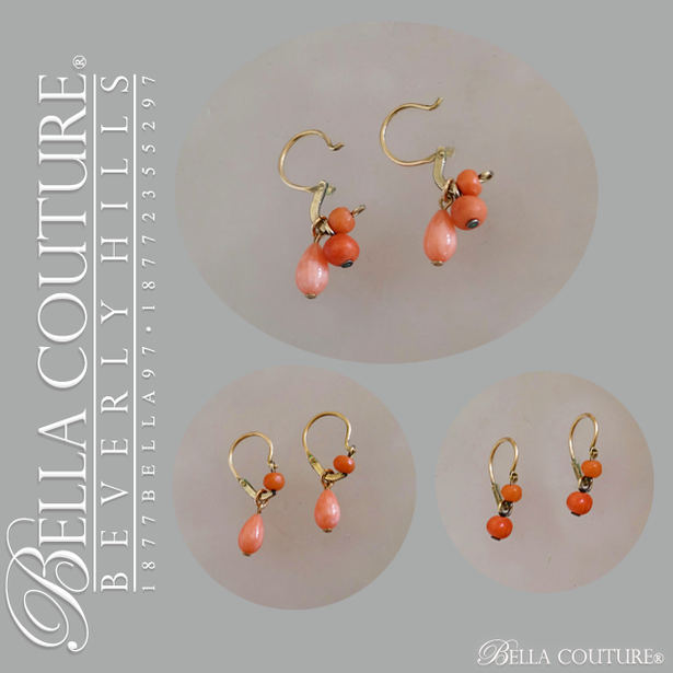 SOLD! - (ANTIQUE) Gorgeous Victorian Rare Detachable Day & Night Natural Coral 9K Gold Dangle Drop Earrings Late 1800s