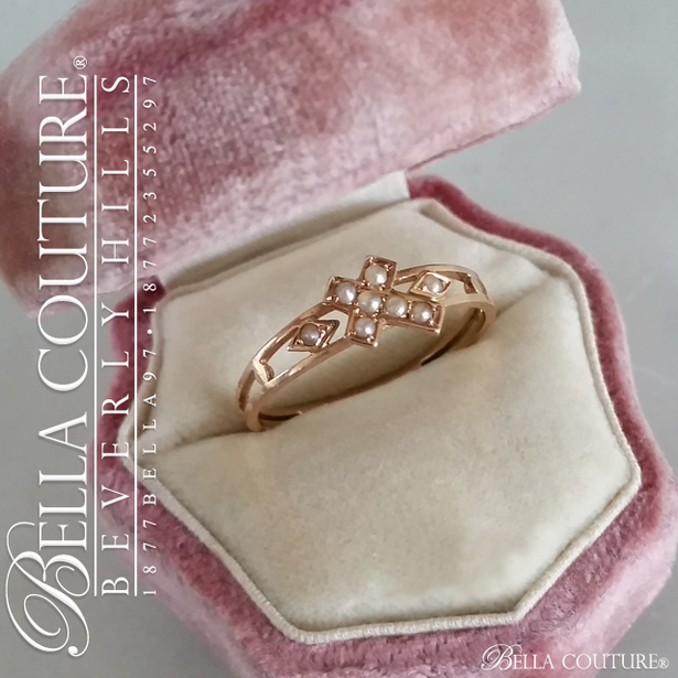 SOLD! - (ANTIQUE) Gorgeous Victorian Rare Natural Freshwater Cultured Pearl 18K Gold Dainty Cross Ring Band c.1838