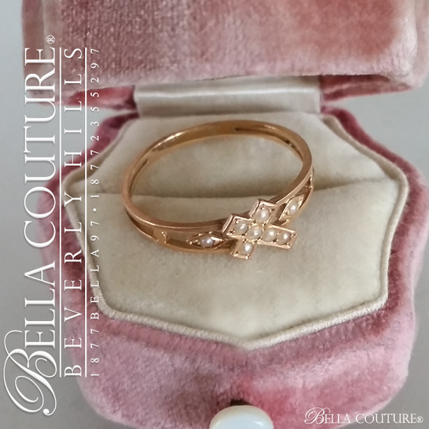 SOLD! - (ANTIQUE) Gorgeous Victorian Rare Natural Freshwater Cultured Pearl 18K Gold Dainty Cross Ring Band c.1838