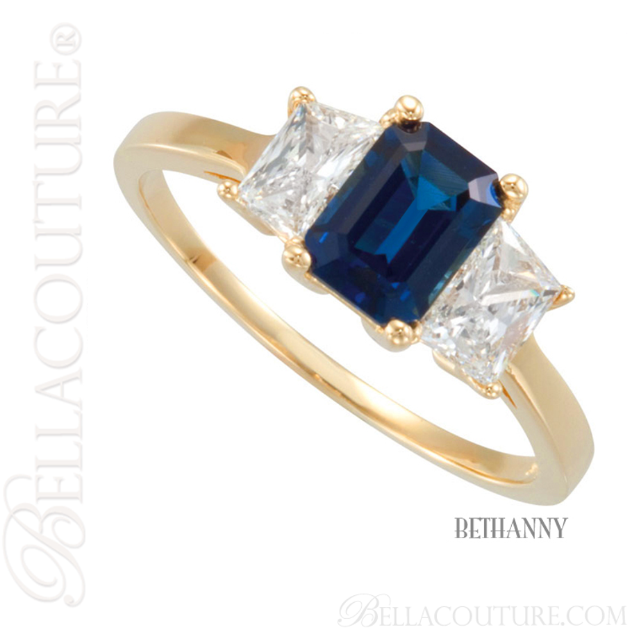 (NEW) BELLA COUTURE GENUINE THREE STONE BLUE SAPPHIRE TRAPEZOID DIAMOND 14K White Gold ENGAGEMENT / ANNIVERSARY RING (3/4 CT. TW.)