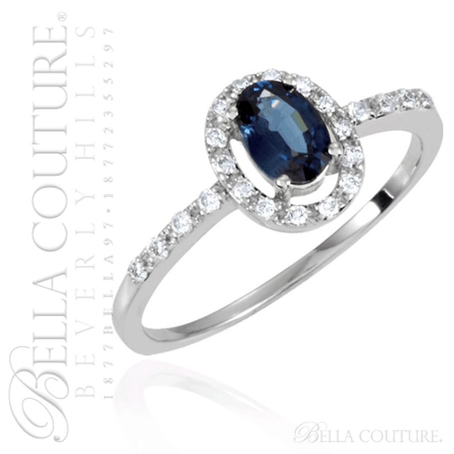 (NEW) BELLA COUTURE FINE PAVE' DIAMOND GENUINE SAPPHIRE RING 14K WHITE GOLD HALO ENGAGEMENT / ANNIVERSARY RING