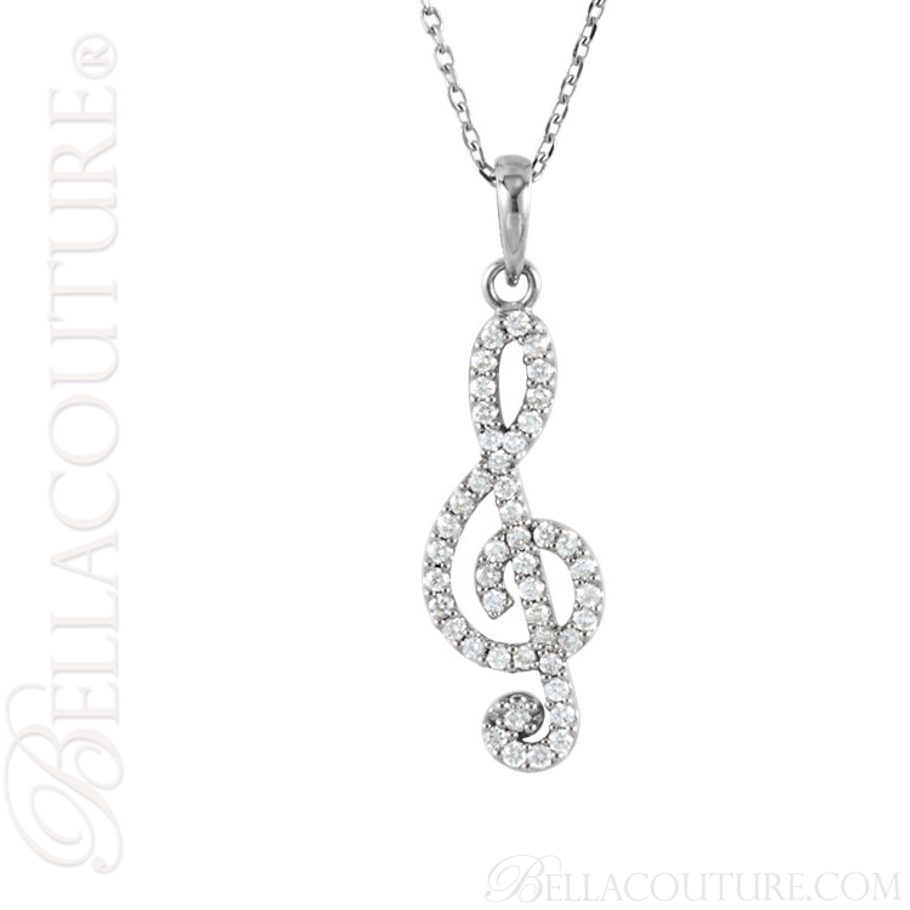 (NEW) BELLA COUTURE Fine Petite Treble Clef Diamond 14K White Gold Pendant Necklace (16" in Length) (1/4 CT. TW.)