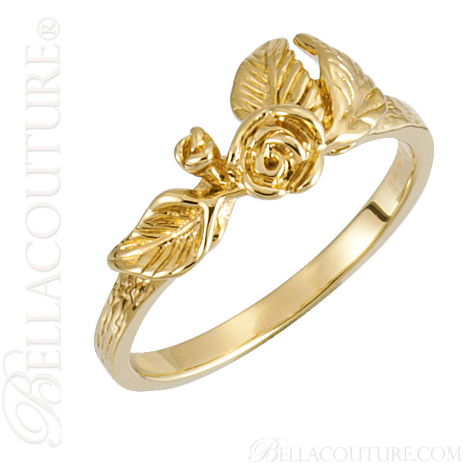 (NEW) BELLA COUTURE Fine Gorgeous Sculptural Realistic Rose & Leaf Floral Flower 14K Yellow Gold Ring