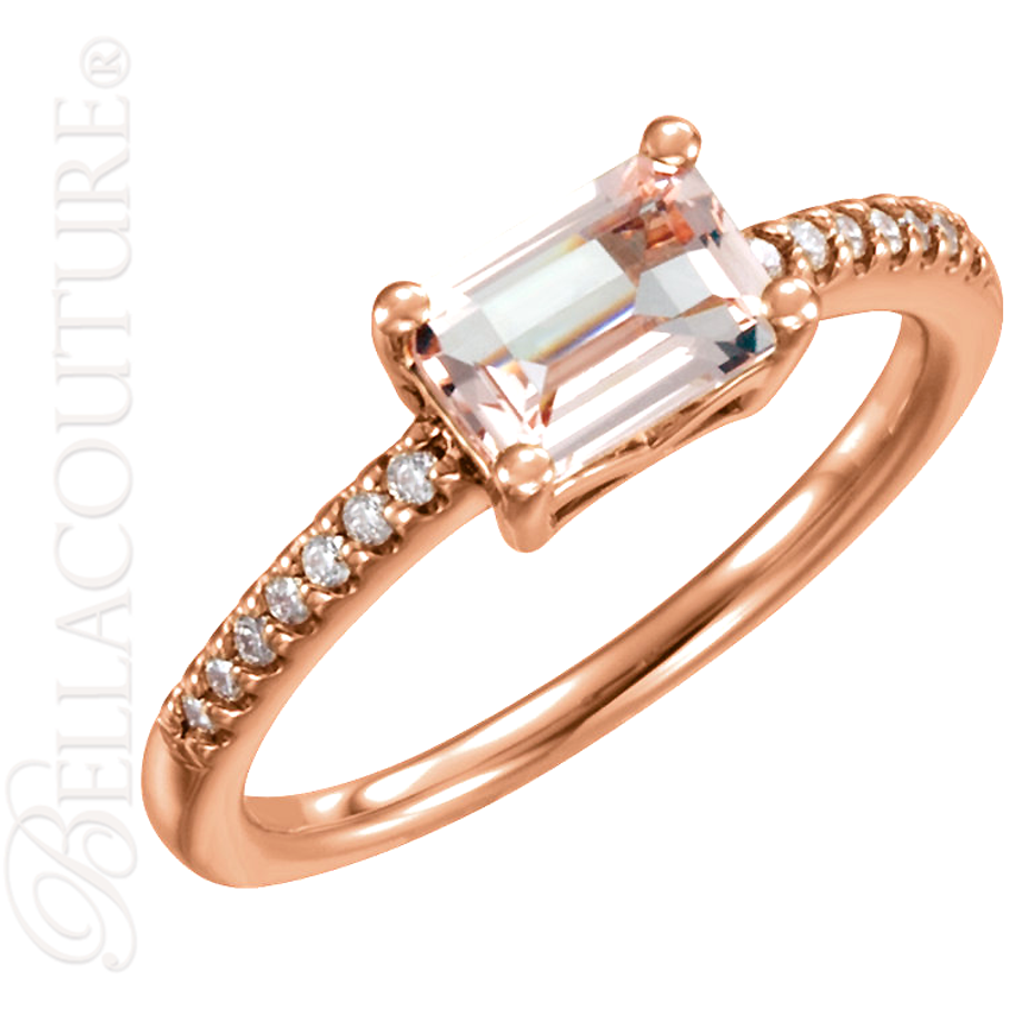 (NEW) BELLA COUTURE PARADISE Fine Gorgeous Emerald Cut Baguette Pink Morganite 1/10 CT Pave' Diamond 14K Rose Gold  Ring