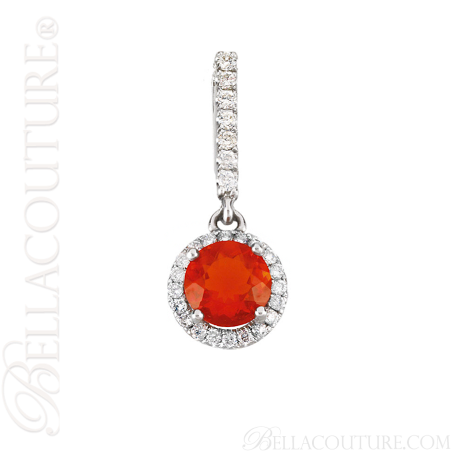 (NEW) BELLA COUTURE LAMOURE Pave Diamond Fire Opal Gemstone 14K White Gold Dangle Drop Pendant (1/5 CT. TW.)