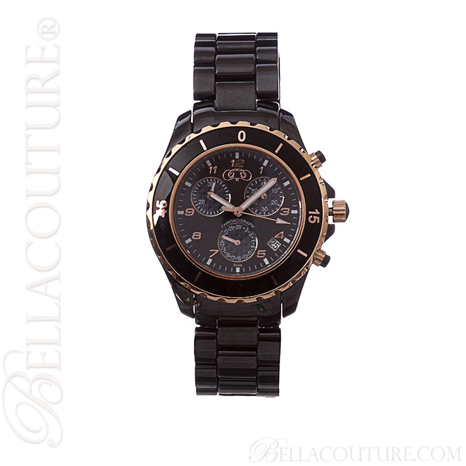 SOLD OUT! - (NEW) CERAMIC COUTURE® Men's Black and Rose Gold Chronograph Ceramic Bracelet Watch