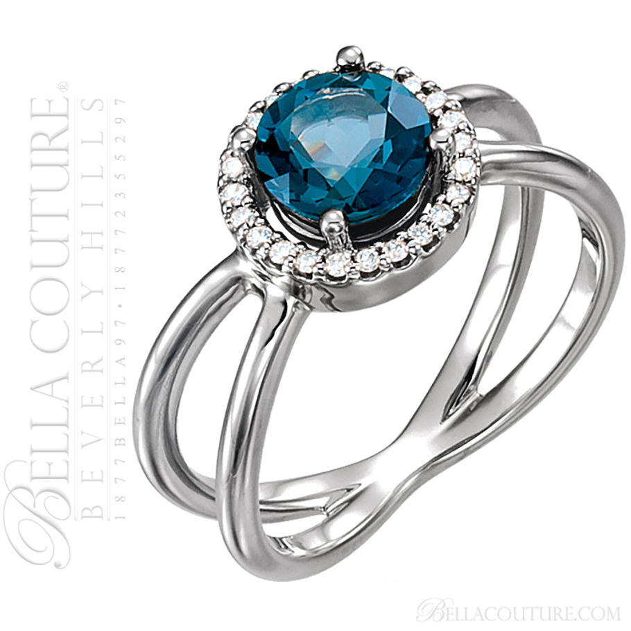 (NEW) BELLA COUTURE Le DOMA Fine Elegant Modern Criss Cross Diamond Semi Rose Cut London Blue Topaz 14K White Gold Ring (1/8 CT. TW.)