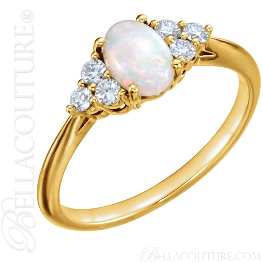 (NEW) BELLA COUTURE PANINA Fine Diamond Genuine Oval Opal Gemstone 14K Yellow Gold Ring (1/5 CT. TW.)