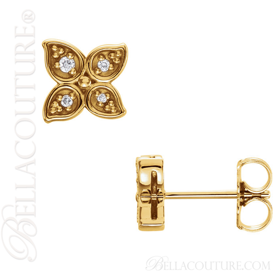 (NEW) BELLA COUTURE La FINA Diamond Flower Petal 14K Yellow Gold Post Earrings