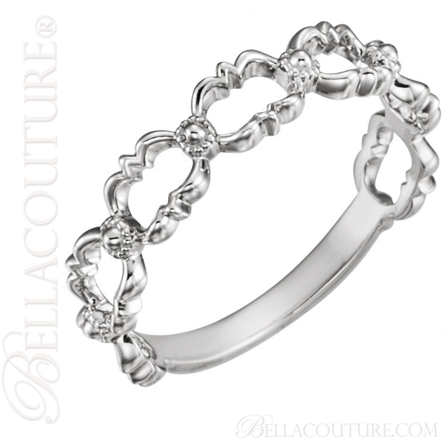 (NEW) BELLA COUTURE OLIVVIA Fine Open Work Fancy Filigree Beaded 14K White Gold Ring Band