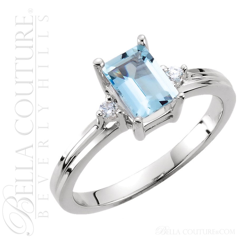 (NEW) BELLA COUTURE ® Halcyon 14K White Gold Genuine Aquamarine Diamond Ring