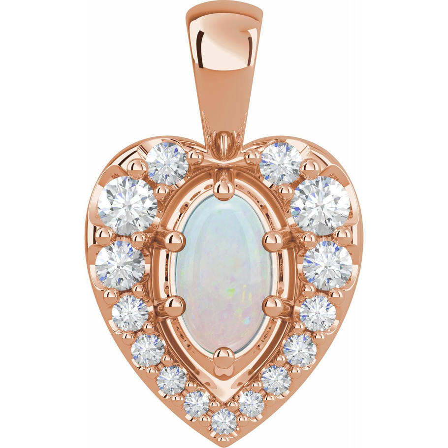 (NEW) BELLA COUTURE LURA HEART FINE DIAMOND OPAL CABOCHON 14K ROSE GOLD DANGLE DROP PENDANT