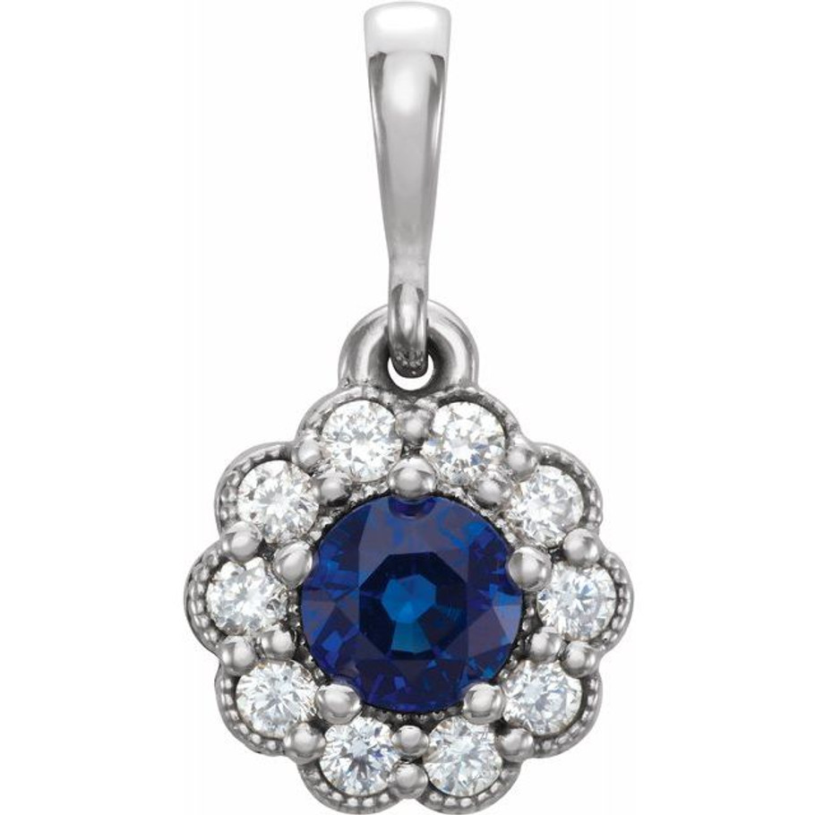 (NEW) BELLA COUTURE BELLA Fine Elegant Diamond Natural Blue Sapphire Gemstone Halo 14K White Gold Dangle Drop Pendant