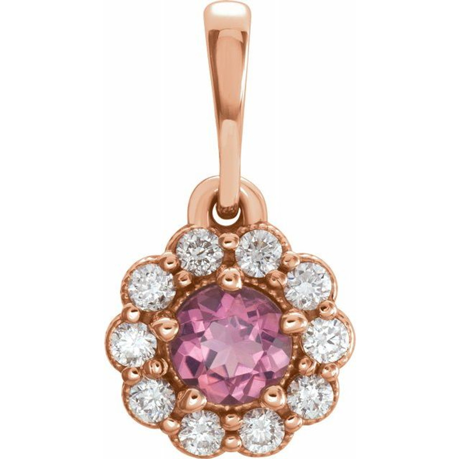 (NEW) BELLA COUTURE BELLA Fine Elegant Diamond Natural Pink Tourmaline Gemstone Halo 14K Rose Gold Dangle Drop Pendant