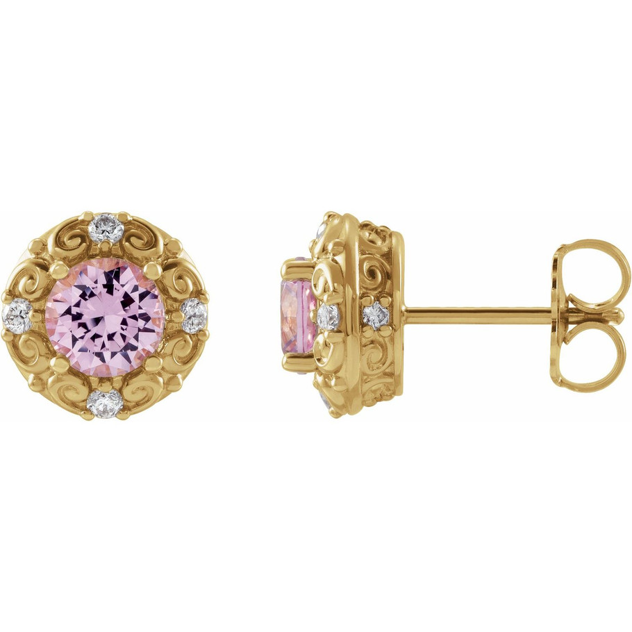 (NEW) BELLA COUTURE ROYA FINE 1/6 CT DIAMOND 5MM .75 CT NATURAL PINK TOURMALINE 14K YELLOW GOLD POST EARRINGS