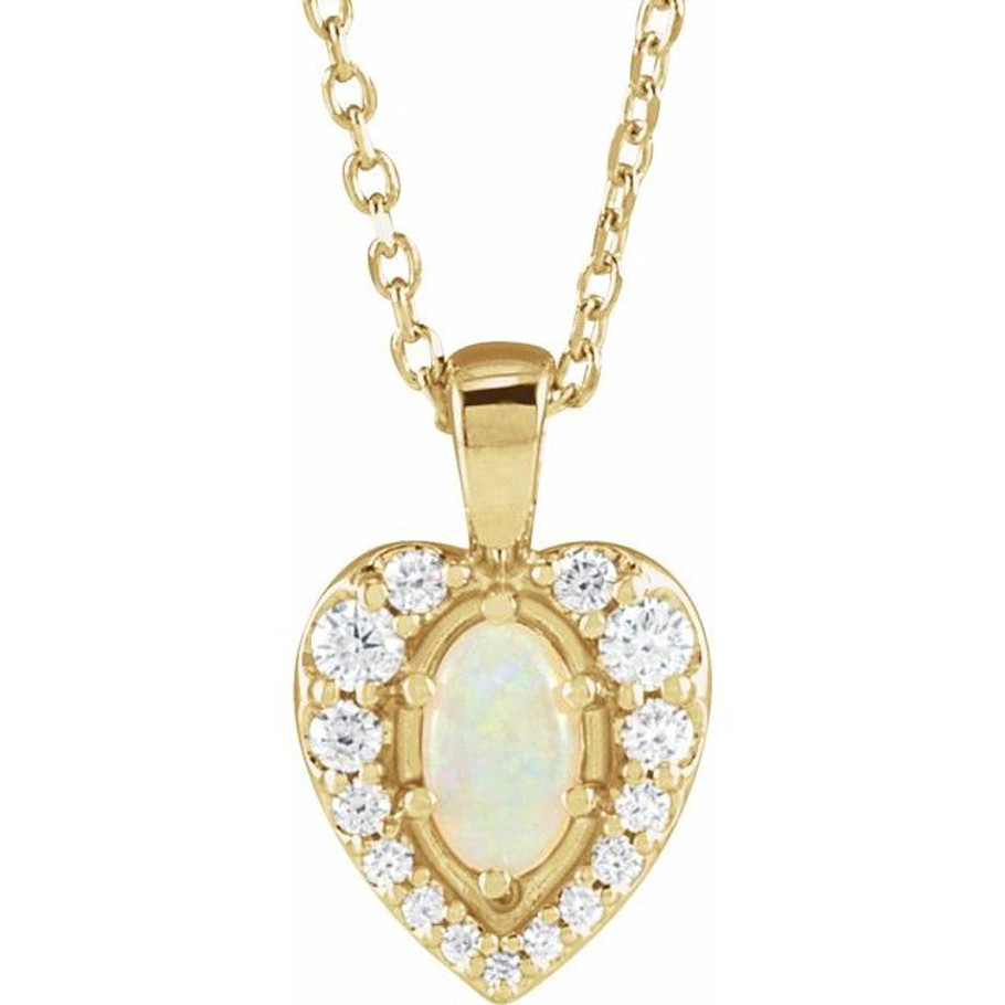 (NEW) BELLA COUTURE Lura Heart Fine Diamond Opal Cabochon 14K Yellow Gold Dangle Drop Pendant Necklace (18", 16", Adjustable Length)