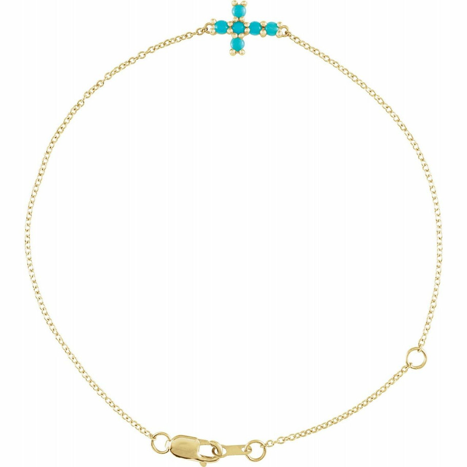 (NEW) BELLA COUTURE Victoriana Sideways Cross Fine Turquoise Cabochon 14K Yellow Gold Charm Bracelet (7.5", 7", 6.5" Adjustable Length)