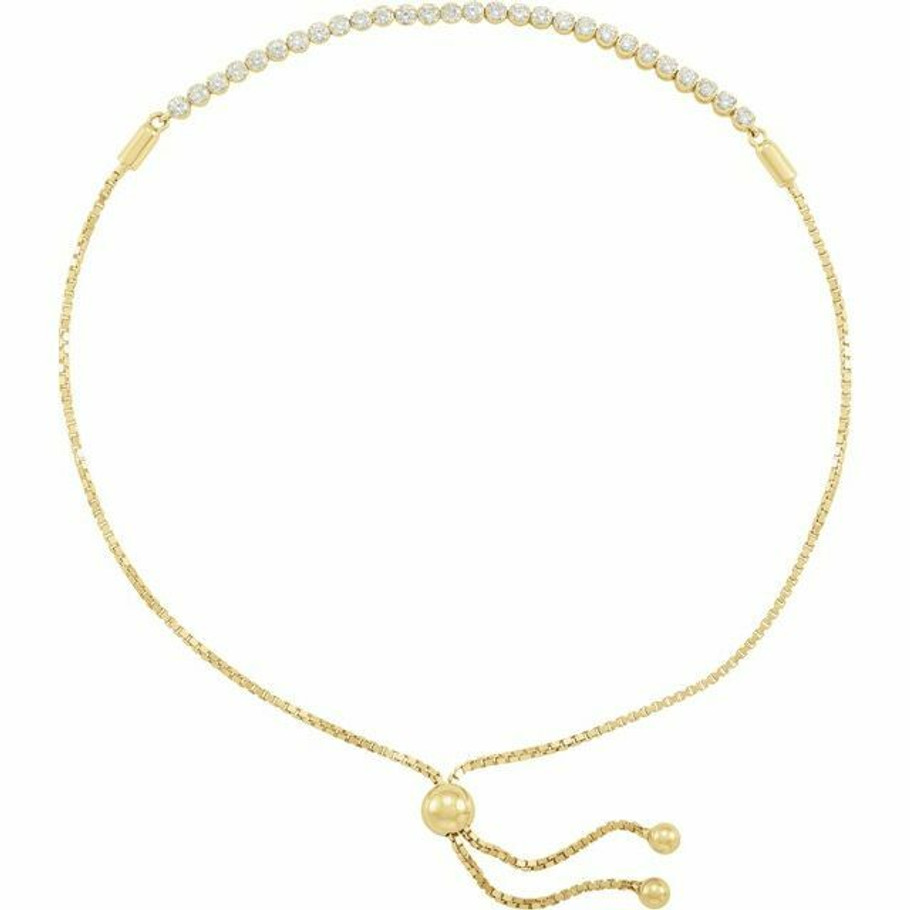 (NEW) BELLA COUTURE BOLLERA 1/2 CT Diamond 14K Yellow Gold Tassel Bolo Chain Bracelet (7.5", 8", 9" Adjustable Length)