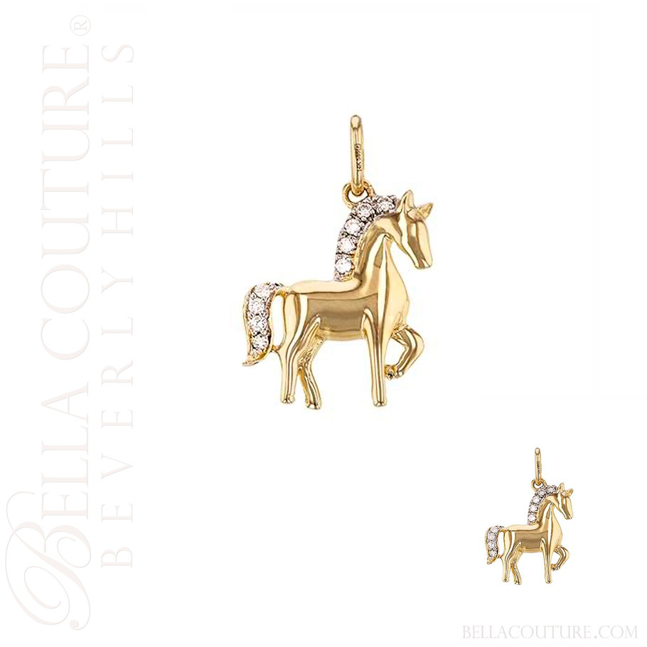 (NEW) BELLA COUTURE Seabiscuit Diamond 14K Yellow Gold Horse Dangle Drop Small Petite Charm Pendant (7MM x 5MM)