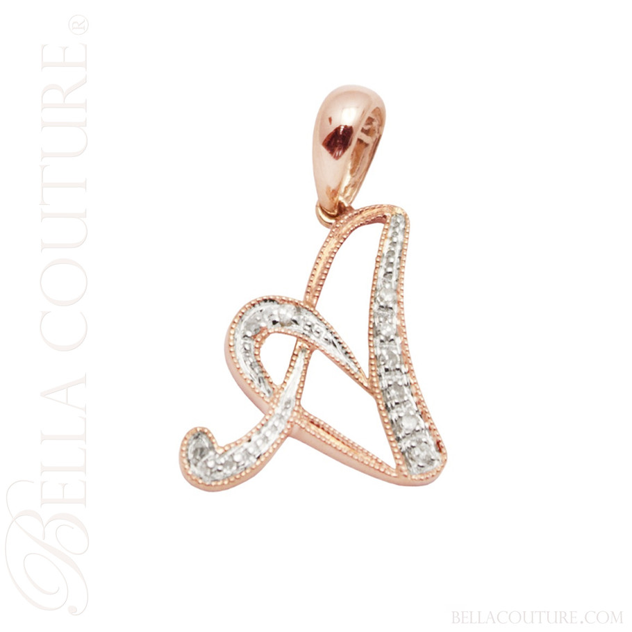 (NEW) BELLA COUTURE ® BRISTOL Initial Letter (A) Diamond 14K Rose Gold Italic Cursive Large Alphabet Charm Pendant Jewelry (16MM x 12MM)