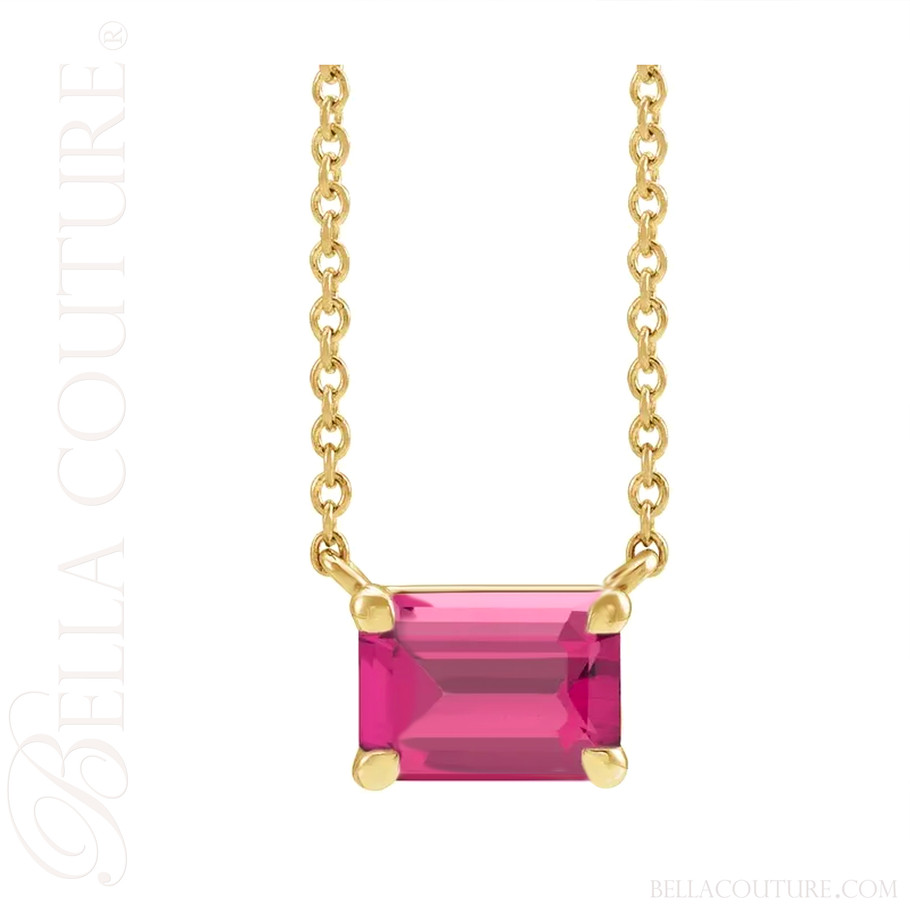 (NEW) BELLA COUTURE® LORA 14K Yellow Gold Solitaire Baguette Pink Tourmaline Link Chain Necklace (18")