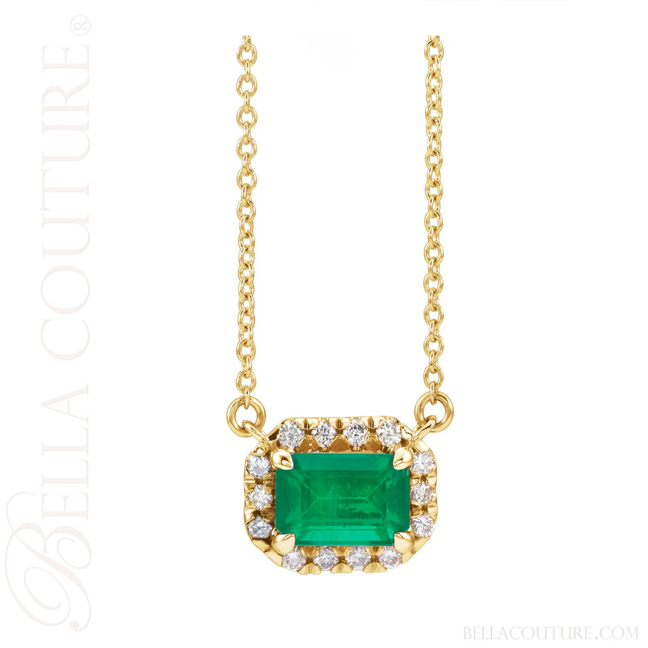 (NEW) BELLA COUTURE® BAYLIE 14K Yellow Gold Solitaire Baguette 7 MM x 5 MM Natural Emerald Link Chain Necklace (18")
