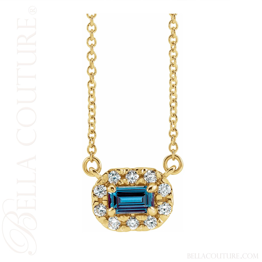 (NEW) BELLA COUTURE® BAYLIE Petite 14K Yellow Gold Solitaire Baguette Alexandrite Link Chain Necklace (18")