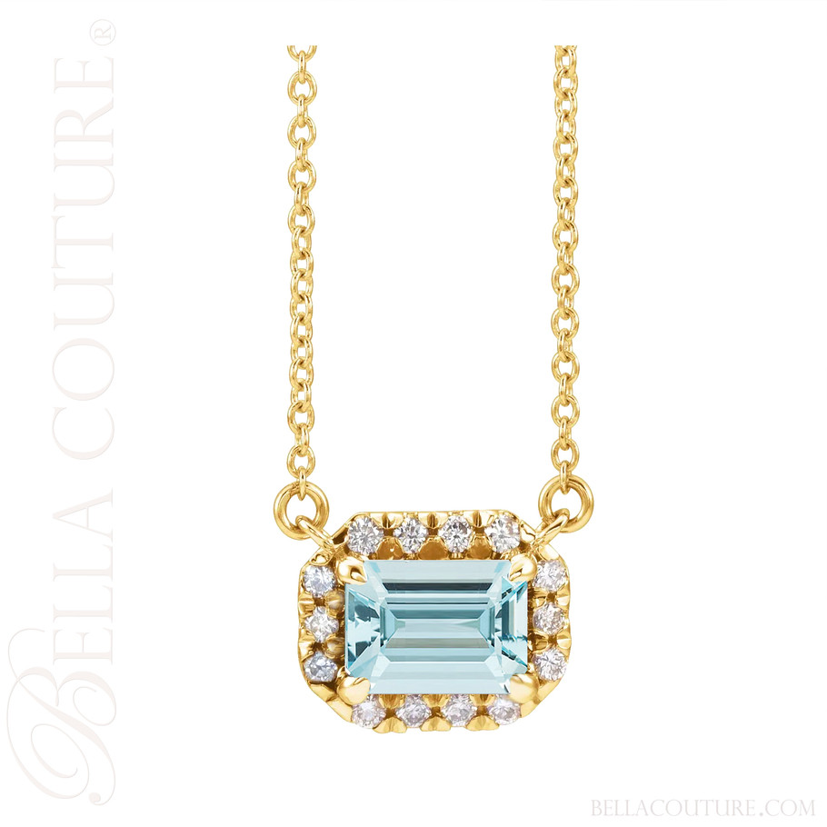 (NEW) BELLA COUTURE® BAYLIE 14K Yellow Gold Solitaire Baguette 7MM x 5 MM Aquamarine Link Chain Necklace (18")