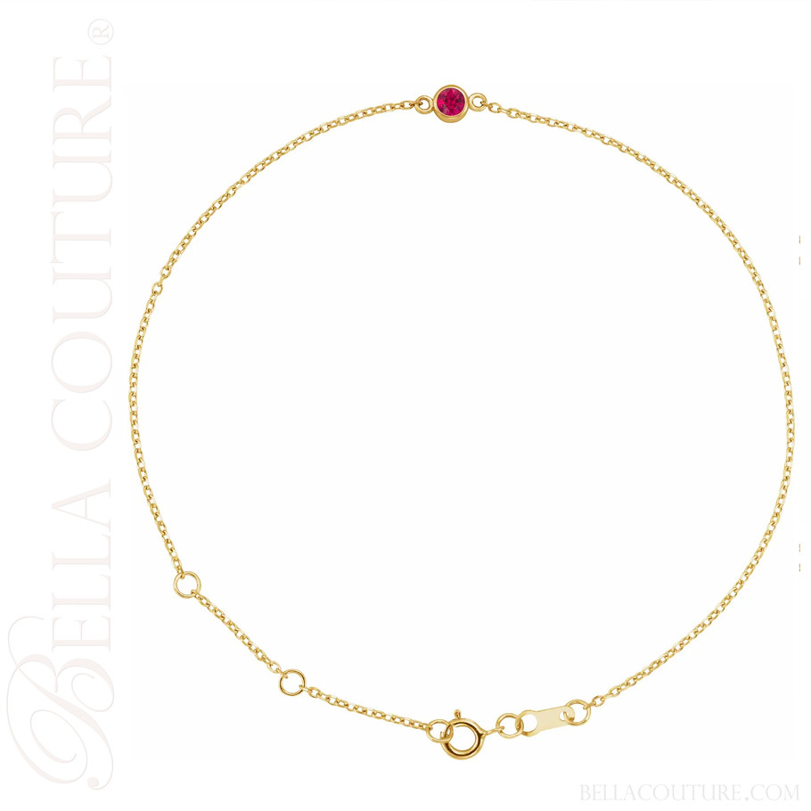 (NEW) BELLA COUTURE® LINDIE Ruby Solitaire 14K Yellow Gold Link Chain Bracelet (6.5", 7", 7.5" inch)