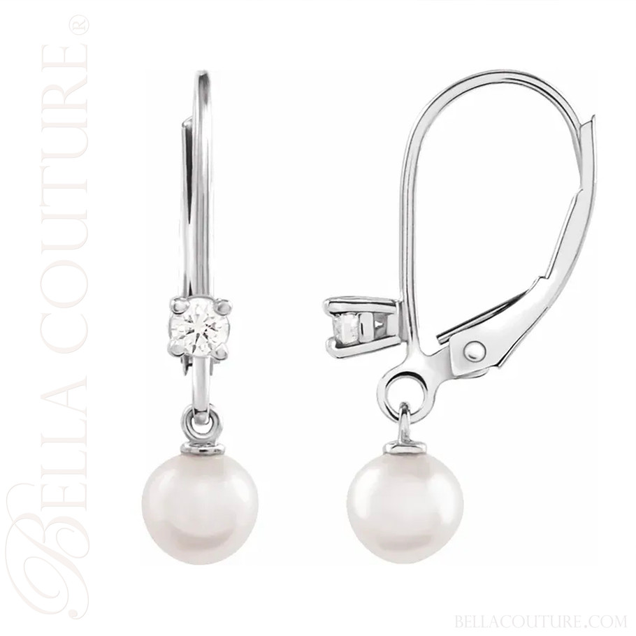 (NEW) BELLA COUTURE® MALISA AKOYA PEARL DIAMOND 14K WHITE GOLD DANGLE DROP LEVERBACK EARRINGS (1/5 CT. TW.)