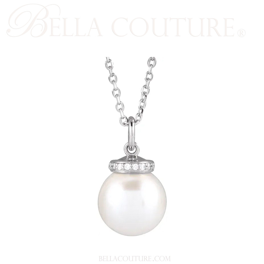 (NEW) BELLA COUTURE® BRILLIANT 14K White Gold Solitaire Akoya Cultured Pearl Pendant Diamond Link Chain Necklace (16"-18")