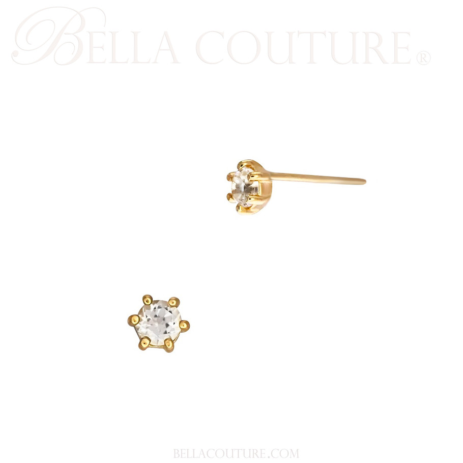 (NEW) BELLA COUTURE® BRIE 3MM White Topaz 14K YELLOW GOLD STUD EARRINGS