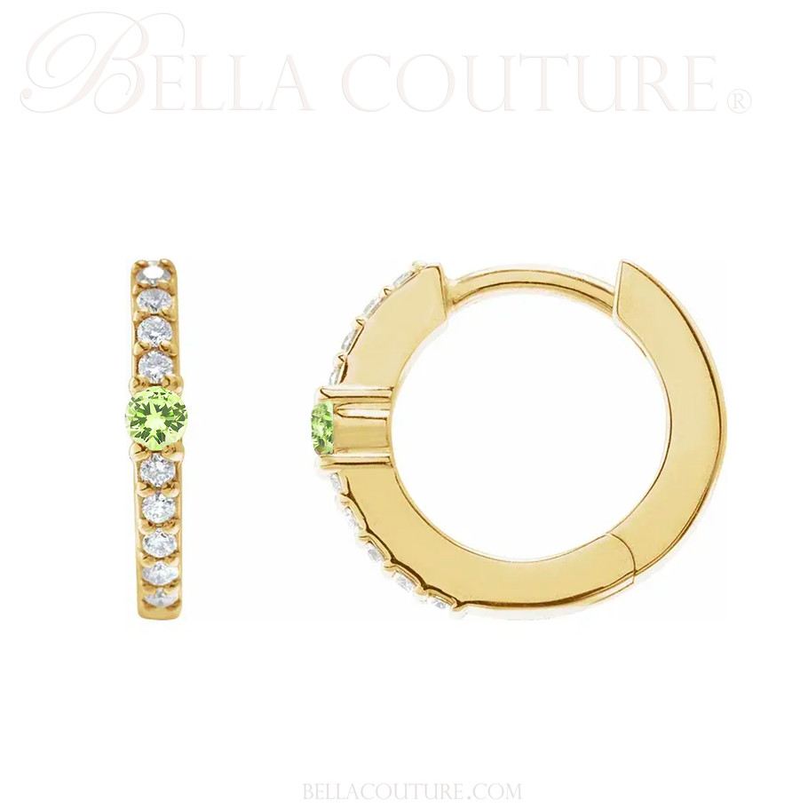 (NEW) BELLA COUTURE® ARIA PERIDOT DIAMOND 14K YELLOW GOLD DANGLE DROP HUGGIE HOOP EARRINGS (14MM HOOPS)