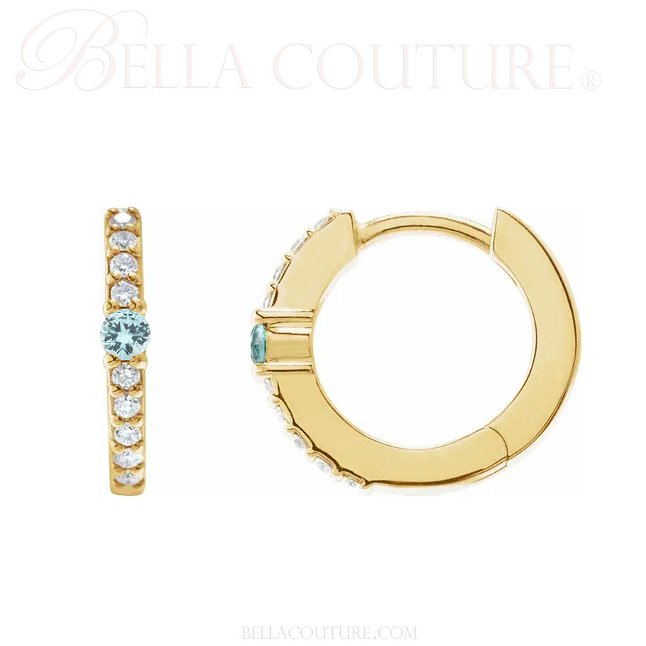 (NEW) BELLA COUTURE® ARIA AQUAMARINE DIAMOND 14K YELLOW GOLD DANGLE DROP HUGGIE HOOP EARRINGS (14MM HOOPS)