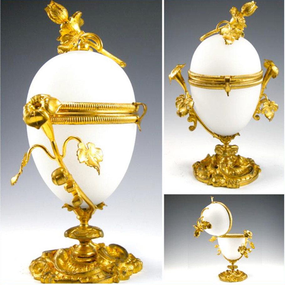 SOLD! - (ANTIQUE) French Palais Royal Gilt Ormolu White Opaline Glass Egg Casket Box