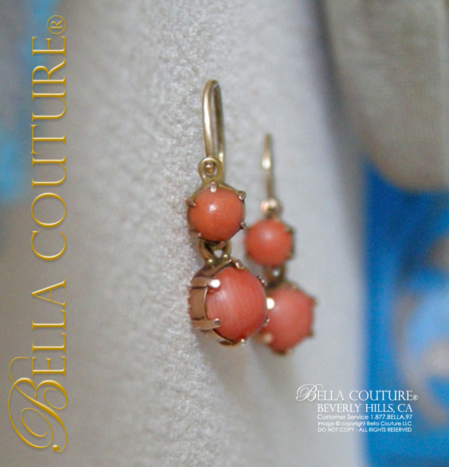 SOLD! - Gorgeous Antique Georgian Victorian 14K Yellow & Rose Gold Coral Dangle Drop Earrings circa 1800-1840