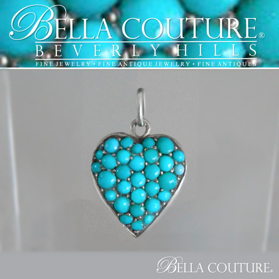 SOLD! - (ANTIQUE) Rare Georgian Victorian Sterling Silver Pave  Turquoise Heart, c.1790 - 1840! Charm Pendant