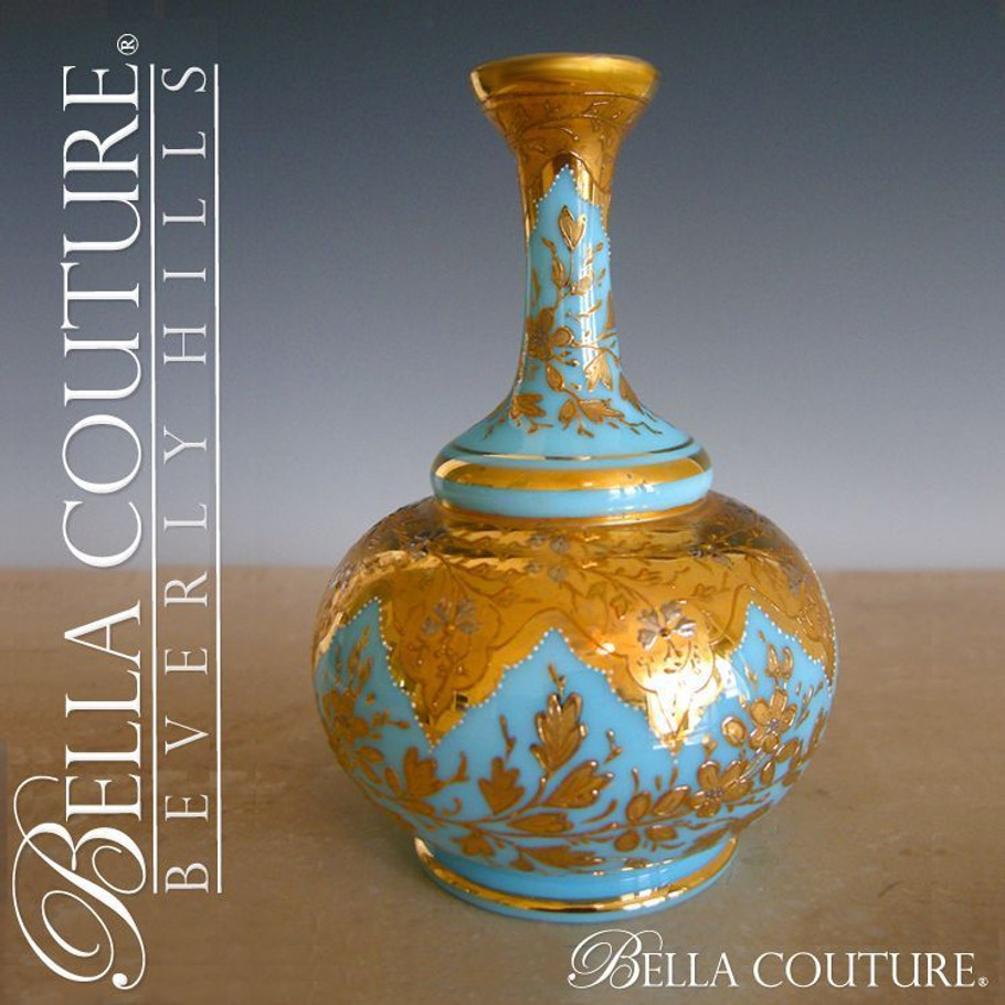 SOLD! - (ANTIQUE) Rare Victorian MOSER French Floral Opaline Bohemian Gilt Gold Vase Bottle