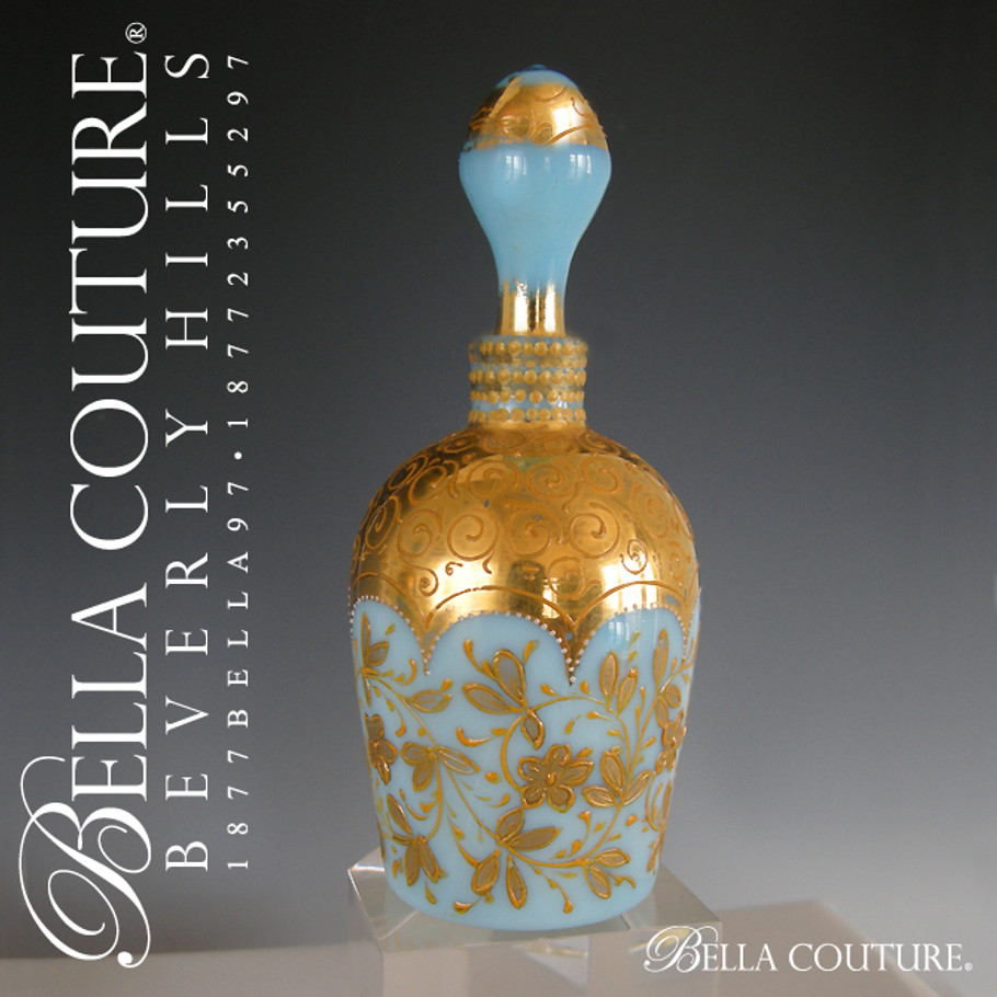SOLD! - (ANTIQUE) Rare Gorgous 1880s Small Moser Blue Opaline Gilt Enameled Glass Perfume Scent Bottle