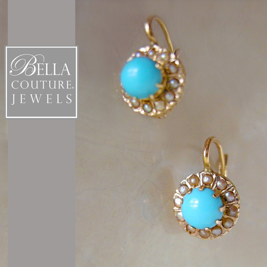 SOLD! - (ANTIQUE) Rare Gorgeous Victorian Persian Turquoise & Seed Pearl 18K Yellow Gold Filigree Earrings