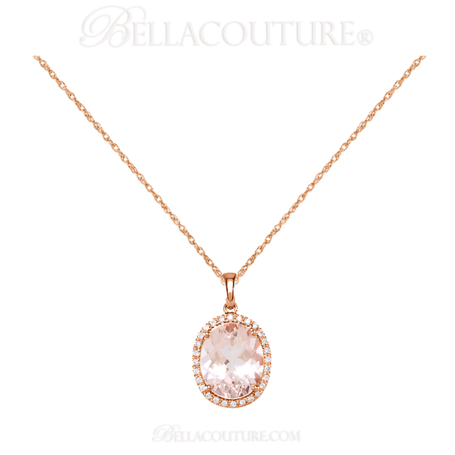 (NEW) BELLA COUTURE Fine Pink Morganite 1/10 CT Diamond 14k Rose Gold Pendant Necklace (18" Inches in Length)
