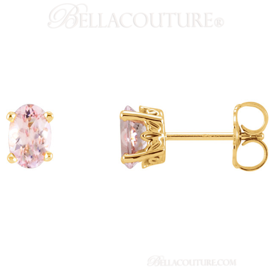 (NEW) BELLA COUTURE MILA Gorgeous Oval Pink Morganite 14k Yellow Gold Scroll Setting Petite Earrings (6MM x 4MM)