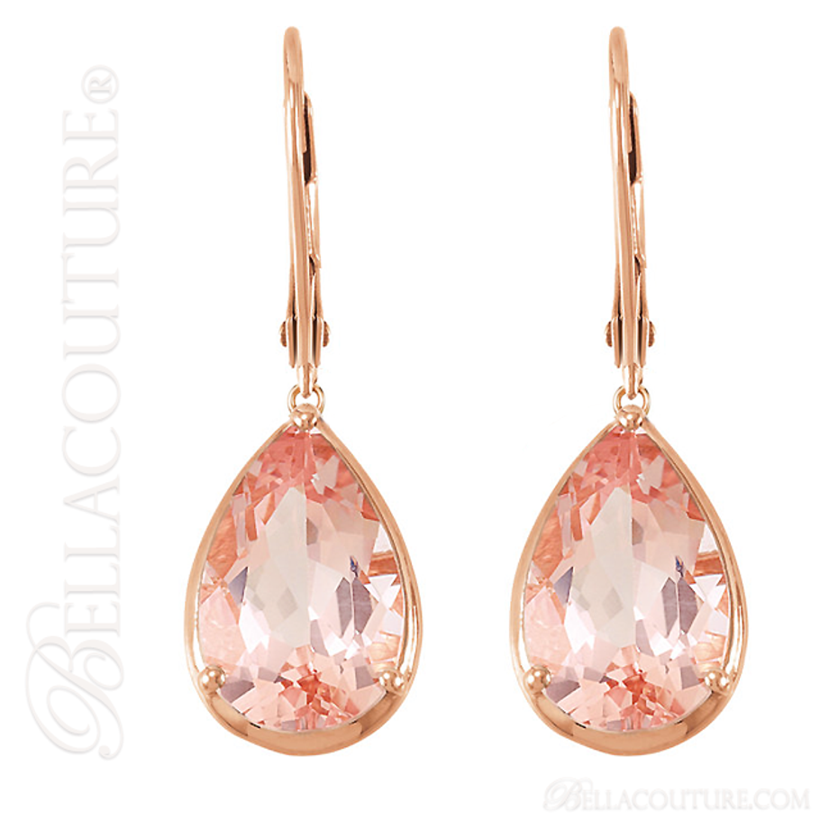 (NEW) BELLA COUTURE Gorgeous 4.80CT Pear Cut Pink Morganite 14k Rose Gold Dangle Drop Earrings (12MM)