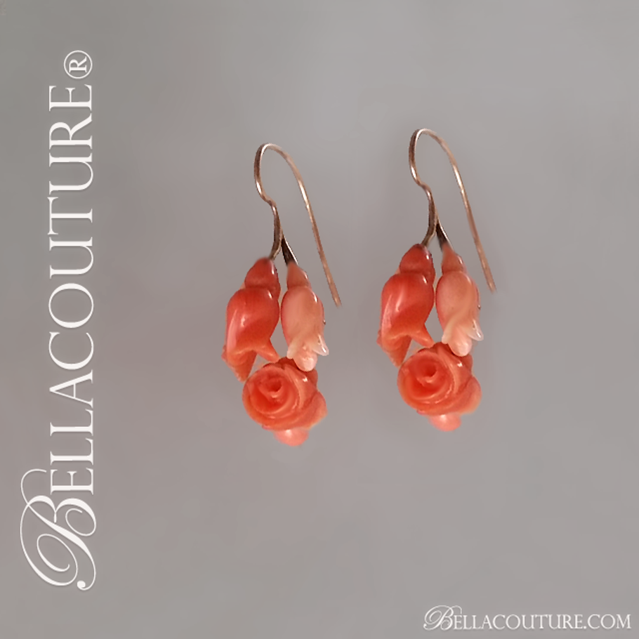 SOLD! - (ANTIQUE) Rare Georgian Victorian Antique 14K Carved Natural Red Coral Floral Flower Blossom Dangle Drop Day and Night Pendant Pierced Earrings