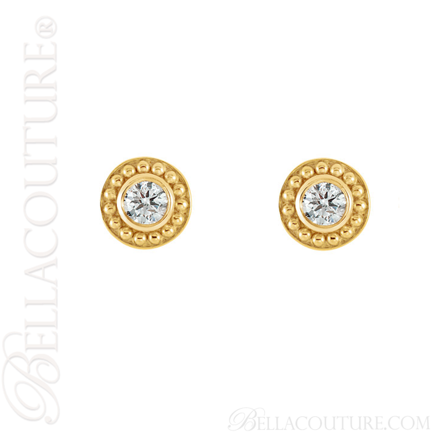 (NEW) BELLA COUTURE SOHO Gorgeous Etruscan Beaded Fine 1/4 CT Diamond 14K Yellow Gold Post Earrings