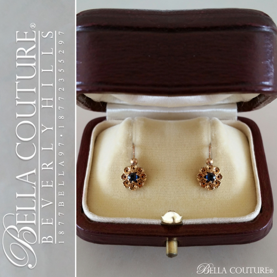 SOLD! - (ANTIQUE) Rare Exquisite Victorian French Genuine Sapphire Gemstone 18K 18CT Solid Yellow Gold Earrings c. 1837