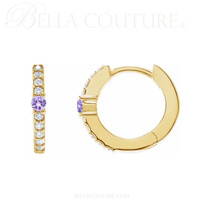 (NEW) BELLA COUTURE® ARIA AMETHYST DIAMOND 14K YELLOW GOLD DANGLE DROP HUGGIE HOOP EARRINGS (14MM HOOPS)