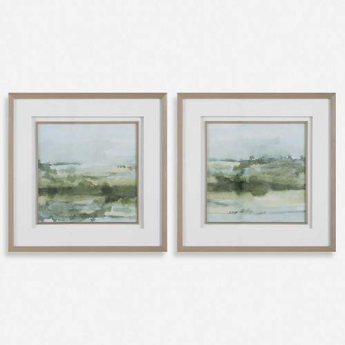 Discover the calming allure of Soft Sage Framed Prints. This abstract landscape showcases shades of lush green from olive to sage. The prints are perfectly complemented by a brushed champagne gold frame with matching fillet, double white mat and placed under protective glass. Ideal for bringing a peaceful and sophisticated touch to your decor. Artwork by Emma Caroline.

Dimensions:
28 W X 28 H X 2 D (in)
Weight:
34